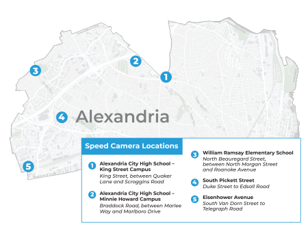 A map of the City of Alexandria, marking speed camera locations at 1. Alexandria City High School - King Street Campus on King St between Quaker Ln and Scroggins Rd; 2. Alexandria City High School - Minnie Howard Campus on Braddock Rd between Marlee Way and Marlboro Dr; 3. William Ramsay Elementary School on North Beauregard St between North Morgan St and Roanoke Ave; 4. South Pickett St from Duke St to Edsall Rd, and; 5. Eisenhower Ave from South Van Dorn St to Telegraph Rd
