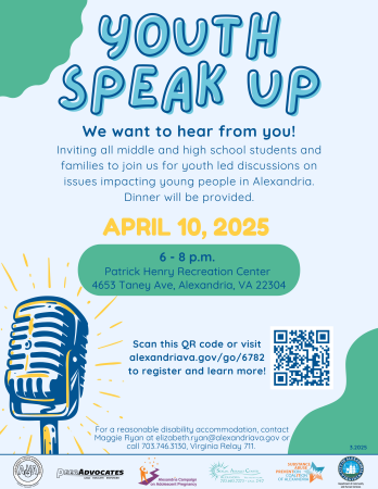 Green and blue flyer advertising Youth Speak Up