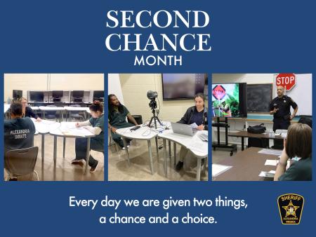 Blue background with three photos of people working with incarcerated individuals in small groups with white lettering reading Second Chance Mont