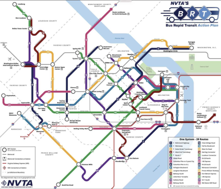 A map of the proposed BRT system in Northern Virginia, displaying 28 busroutes through Prince William, Fairfax, Loudon, and Arlington Counties and the cities of Fairfax, Manassas, Manassas Park, Falls Church, and Alexandria.