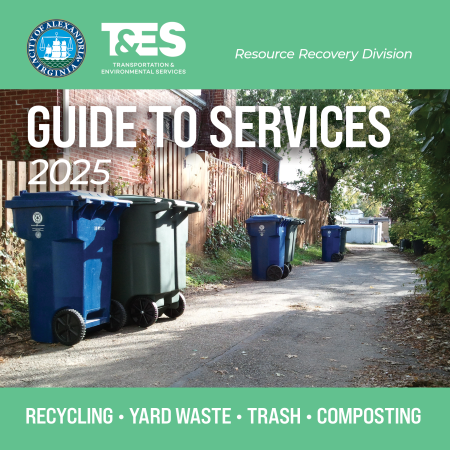 The City seal and logo of the Department of Transportation & Environmental Services logo in a green rectangle above an image of waste bins in an alley with Guide to Services 2025 over it in white text. Recycling, yard waste, trash, and composting are listed in a green rectangle underneath the photo.