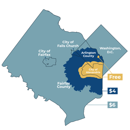 A map of the DOT service area, with free rides within the City of Alexandria and DASH bus service radius, $4 fares within most of Arlington County, the City of Falls Church, and parts of Fairfax County, and $6 fares to all additional locations in Washington D.C., Fairfax County, the City of Fairfax, the City of Falls Church, and Arlington County.