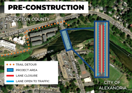 A map of the Mt Vernon Ave bridge over Four Mile Run, with an inset showing lane closures for pre-construction work around the bridge median.