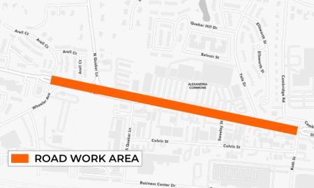 A map; of Duke Street and the surrounding area, with the work zone between Roth Street and Wheeler Avenue highlighted by a thick orange rectangle.