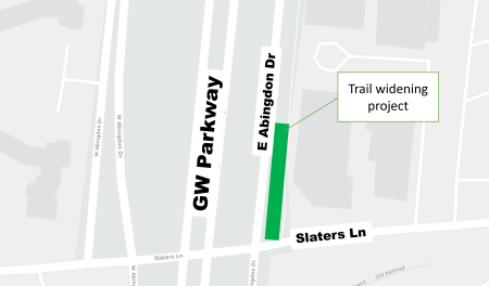 A map of the intersection of Slaters Lane with East Abingdon Drive and with the GW Parkway. The trail widening project area is highlighted with a green box.