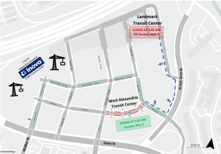 A map of the Landmark redevelopment area, highlighting the new West Alexandria Transit Center on Hecht Street, which runs parallel to Duke Street.