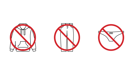 Images of unacceptable swimwear for the pools in black outline and red circle with a slanted line in the middle on top of them: loose sweatshirt, loose pants, bikini bottoms