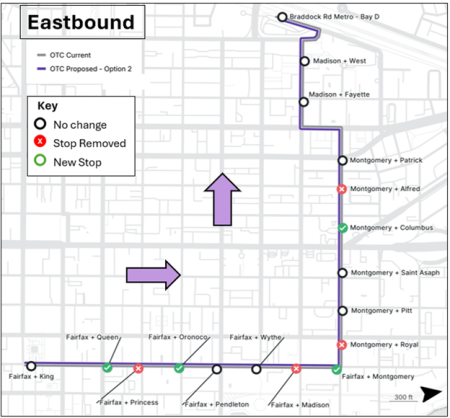 Map of Proposed Old Town Circulator Bus Stop Rebalancing (Eastbound)