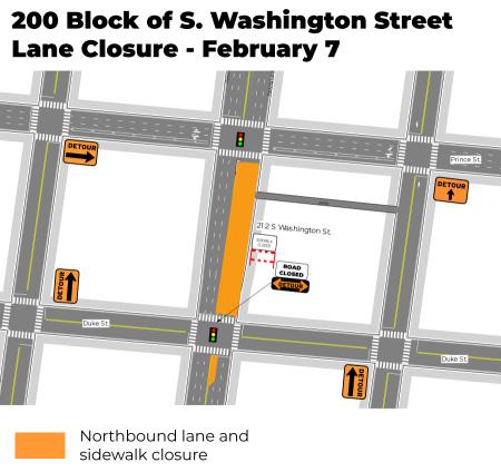A Map of the 200 block of S Washington Street showing Northbound lane closures