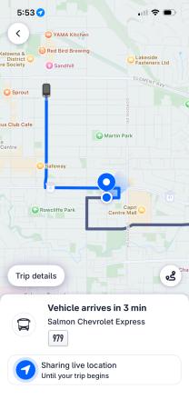 screenshot of rider app with approaching vehicle and sharing live location text