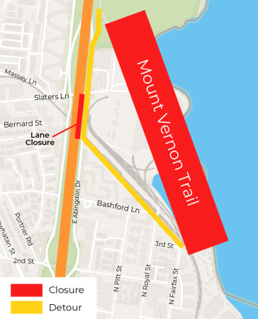 A map of north Old Town Alexandria highlighting the closure and detour routes for the Mt Vernon Trail