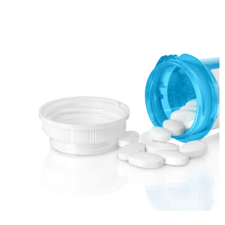 Blue medication bottle that is open with white pills