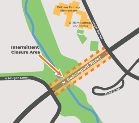 A map of N Beauregard Street over Holmes Run between N Morgan Street and Sanger Avenue.