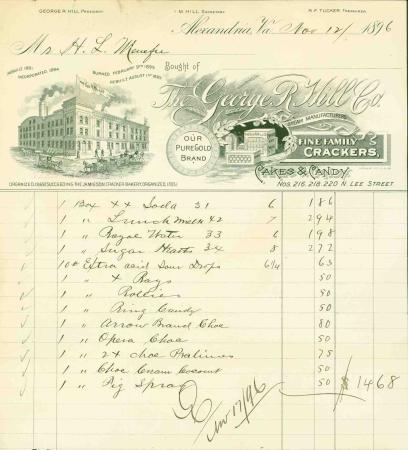 An 1816 receipt for $14.68 from the George R. Hill Co., Fine Family Crackers, Cakes & Candy. The header shows an image of the factory at 216-220 N. Lee Street.