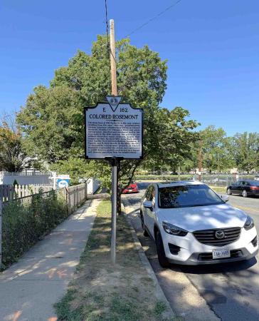 The state historic marker for Colored Rosemont stands in front of 1312 Wythe Street, the only surviving dwelling from the neighborhood.