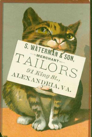 Trade card with a drawing of a cat holding a sign reading “S. Waterman & Son, Merchant, Tailors, 91 King Str., Alexandria, VA.”
