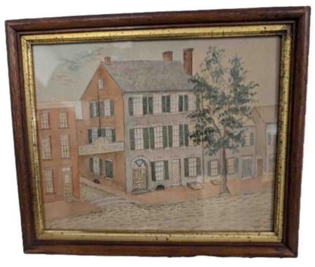 A framed watercolor shows a large three-story brick structure with two doorways. A sign with the words The Daily News spans an alley to the left. 