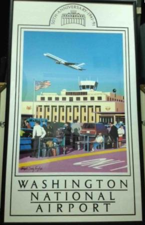The colorful poster of Washington National Airport marks its 50th anniversary in 1991. The drawing shows a plane flying over the original terminal, with people and cars in the waiting at the curb in the foreground.