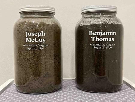 Glass jars filled with soil are labeled “Joseph McCoy/Alexandria, Virginia/April 23, 1897”, and “Benjamin Thomas/Alexandria, Virginia/August 8, 1899.”