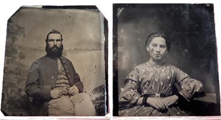 In side-by-side tintype studio portraits, Sgt. Brainerd has dark hair and a beard and wears a military jacket, while his wife Mary wears a floral dress and has her hair uncovered and pinned up behind her head.