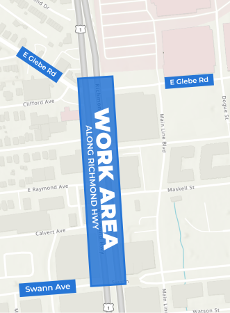 A map highlighting the BRT work area between Glebe Rd and Swann Ave in the Potomac Yard neighborhood.