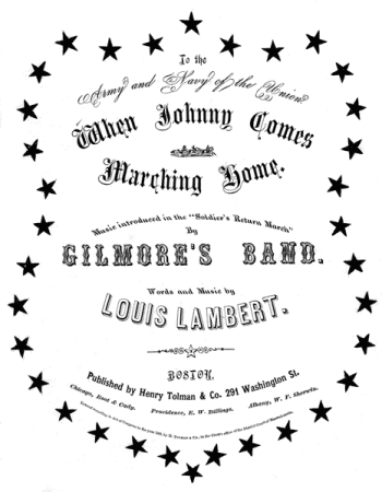  The words on the title sheet are printed within a border of stars arranged in a shield pattern. Under the title, it reads “Music introduced in the “Soldier’s Return March” by Gilmore’s Band. Words and Music by Louis Lambert. Boston. Published by Henry Tolman & Co. 291 Washington St.”   