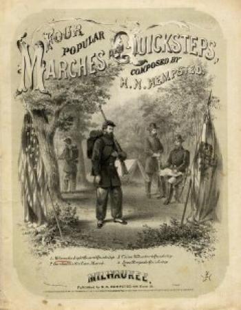 The cover sheet is illustrated with a black-and-white engraving of soldiers in camp.