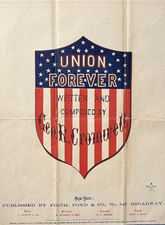 The sheet music is decorated with a shield, with the title superimposed on the blue field of stars and the composer’s name on the stripes.