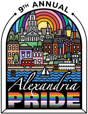 An illustration celebrating Alexandria Pride, featuring a colorful, stylized skyline of Alexandria, Virginia, set against a rainbow background.