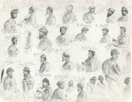 The pencil sketches show the head and shoulders of 28 musicians with their instruments.