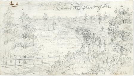 The pencil sketch initialed W.L. shows soldiers marching down a road past trees and a wooden fence.