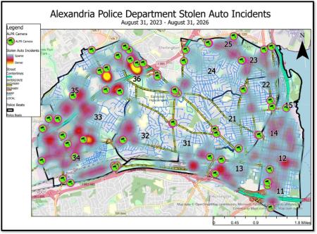Map of Alexandria showing the density of stolen vehicle incidents from August 1, 2024, through August 31, 2026. Shading ranges from blue for lower concentrations to red and yellow for higher concentrations. Green camera symbols outlined in pink mark ALPR camera locations. Black lines outline numbered police beats, and colored lines identify interstate highways, primary roads, ramps and local streets.