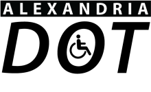 Logo for the Alexandria DOT program (text: Alexandria DOT; icon of person using a wheelchair in the "O")