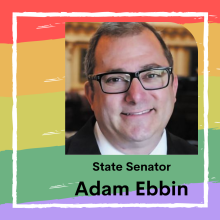 State Senator Adam Ebbin, color photo, on rainbow background