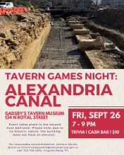 Flyer for Tavern Games Night with photo of canal