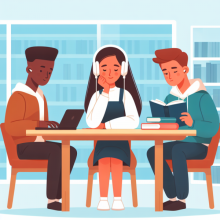 Youth Doing Homework in Library