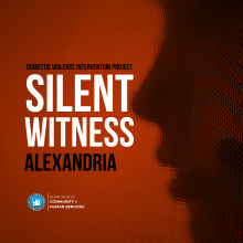 Graphic for the Silent Witness Alexandria Candlelight Vigil and Memorial Program, featuring bold text reading "Silent Witness Alexandria" against a dark orange background with a silhouette profile.